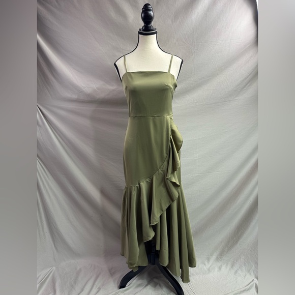 Asymmetrical Hem Ruffle Trim Spaghetti Strap Dress Green - Picture 11 of 14